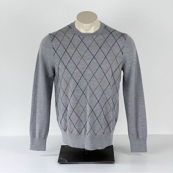 Brooks Brothers Mens Merino Wool Sweater M Light Gray Red Yellow Argyle … - Picture 1 of 10